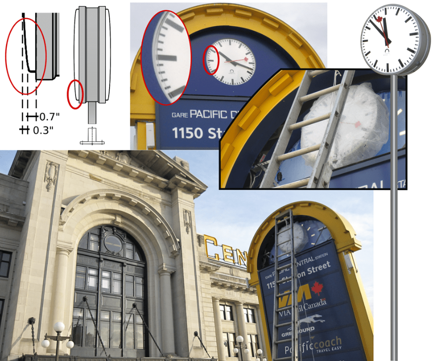 Mobatime: Enclosed double-faced Metroline, 24", integrated into signage